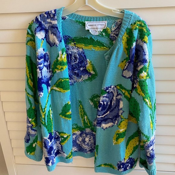 Vintage Adrienne Vittadini 90s Floral Knit Cardigan Sequin Sweater - Picture 1 of 7